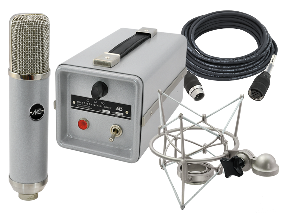 Vintage-Studiomikrofon UM 57, Netzanschlussgerät UN 57, Mikrofonanschlusskabel C tube und Elastische Aufhängung EA 92 im Koffer Hammerschlag-Beschichtung, grau